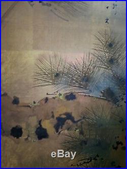 Antique/Vintage Japanese Byobu Hand Painted Bird/Tree- 4 Panel Folding Screen