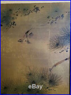 Antique/Vintage Japanese Byobu Hand Painted Bird/Tree- 4 Panel Folding Screen