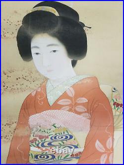 Antique Vintage Japanese Chinese Scroll Painting Lady Geisha Heavy Damage