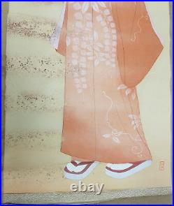 Antique Vintage Japanese Chinese Scroll Painting Lady Geisha Heavy Damage
