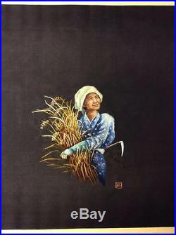 Antique/ Vintage Japanese Embroidered Silk Panel/ Picture Woman Peasant Chinese