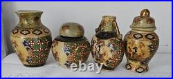 Antique. Vintage. Set Of 4 H/painted Japanese Moriage Vases/jars