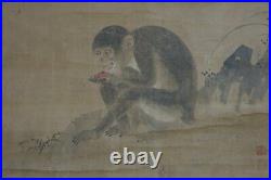 Antique water color monkey Saru Japane Sumi-e ink painting 1800s Edo era 1800s