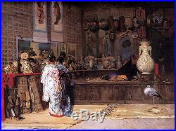 Art Oil painting beautiful young Japanese girls in antique shop with bird crane