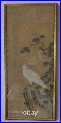 Asian white hawk hakutaka painted scroll on silk 19th c. Signed