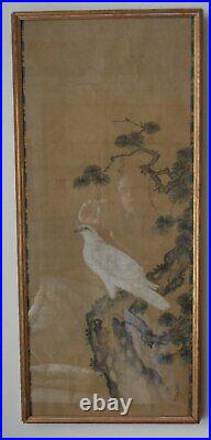 Asian white hawk hakutaka painted scroll on silk 19th c. Signed