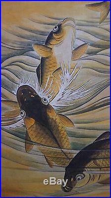Beautiful Large Japanese 5 Dancing Carp Koi Fish Hand Painting