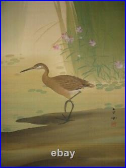 Bird JAPANESE PAINTING KAKEJIKU HANGING SCROLL IRIS ANTIQUE FROM JAPAN e527