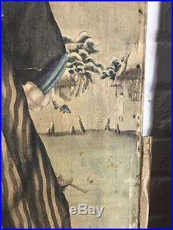 C19th Full Sized Japanese Silk Painting Samurai Portrait Antique Decorative