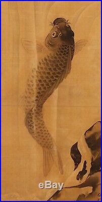 CARP JAPANESE PAINTING WATERFALL HANGING SCROLL CASCADE ANTIQUE JAPAN d059