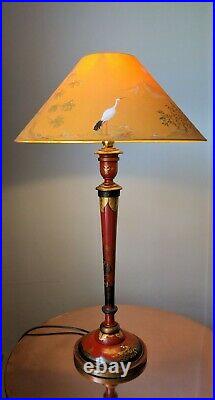 Chinoiserie red lacquer lamp painted shade heron ravens Japanese Aesthetic
