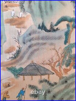 Couple Antique Japanese Silk Paintings XIX Landscape with Village and Mountains