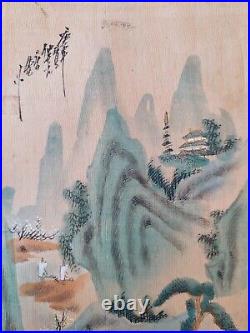 Couple Antique Japanese Silk Paintings XIX Landscape with Village and Mountains