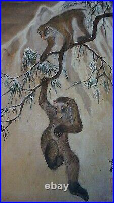 Fine Japanese Hand Painting of Japanese Snow Monkeys Signed Chop Stamp