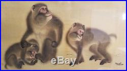 Finest Quality Signed Antique Japanese Painting of Monkeys on Fabric under Glass