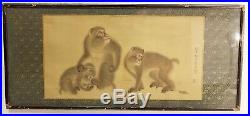 Finest Quality Signed Antique Japanese Painting of Monkeys on Fabric under Glass
