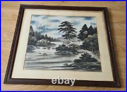 Framed antique Japanese painting on silk landscape scene 28.5 X 25.5