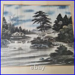 Framed antique Japanese painting on silk landscape scene 28.5 X 25.5