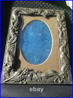 GREATc1900 JAPANESE MEIJI DRAGON FIGURAL SILVER PLATE MIRROR PHOTO PICTURE FRAME