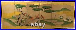 GUC+ Antique Japanese Byobu Hand Painted Silk 6-Panel Screen Birds, Trees, River