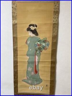 Geisha Bijinga JAPANESE PAINTING HANGING SCROLL Kakejiku Kimono BEAUTY Antique