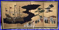 Good Vintage Japanese 4 Panel Screen Painting Signed Boats, Europeans, flags