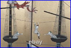 Good Vintage Japanese 4 Panel Screen Painting Signed Boats, Europeans, flags