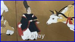 Good Vintage Japanese 4 Panel Screen Painting Signed People, Ox-cart, Clouds