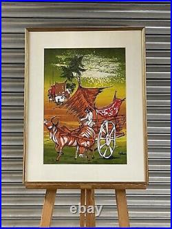 Gorgeous Japanese Painting On Silk Depicting Farmer On His Cart Pulled By Cattle