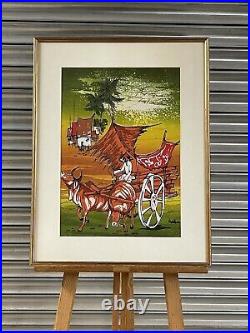 Gorgeous Japanese Painting On Silk Depicting Farmer On His Cart Pulled By Cattle