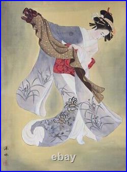 H0776 Japanese Hanging Scroll KAKEJIKU Vintage Hand Paint Silk KIMONO Woman