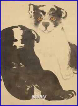 HANGING SCROLL JAPANESE PAINTING FROM JAPAN PUPPY ANTIQUE DOG SUNRISE f690