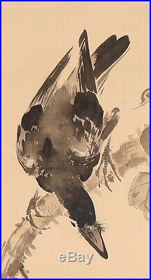 HANGING SCROLL JAPANESE PAINTING FROM JAPAN Persimmon BIRD CROW VINTAGE ART d597