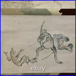 HANGING SCROLL JAPANESE PAINTING JAPAN Anthropomorphic frog ANTIQUE Old ART e516