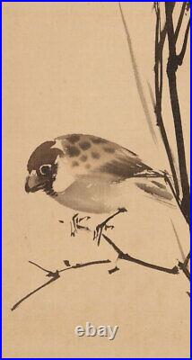HANGING SCROLL JAPANESE PAINTING JAPAN BAMBOO SPARROW PICTURE ANTIQUE ART f368