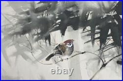 HANGING SCROLL JAPANESE PAINTING JAPAN BAMBOO SPARROW PICTURE Vintage ART e732