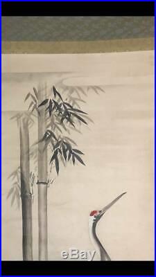 HANGING SCROLL JAPANESE PAINTING JAPAN CRANE BAMBOO ANTIQUE VINTAGE PICTURE d444
