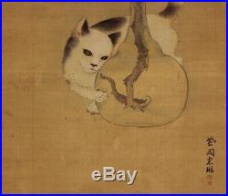 HANGING SCROLL JAPANESE PAINTING JAPAN Cat Peony ANTIQUE PICTURE ORIGINAL 408m