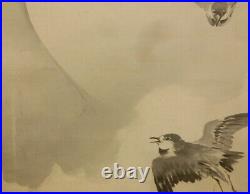 HANGING SCROLL JAPANESE PAINTING JAPAN Cuckoo Moon Bird Old Art Ink e422