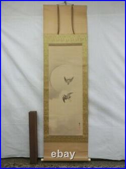 HANGING SCROLL JAPANESE PAINTING JAPAN Cuckoo Moon Bird Old Art Ink e422