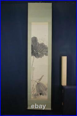 HANGING SCROLL JAPANESE PAINTING JAPAN Lotus ANTIQUE Old PICTURE Bee 378q