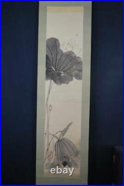 HANGING SCROLL JAPANESE PAINTING JAPAN Lotus ANTIQUE Old PICTURE Bee 378q