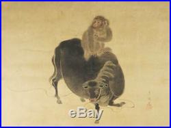 HANGING SCROLL JAPANESE PAINTING JAPAN Monkey COW CATTLE ANTIQUE VINTAGE d434