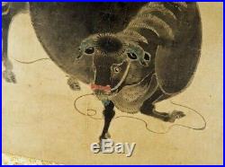 HANGING SCROLL JAPANESE PAINTING JAPAN Monkey COW CATTLE ANTIQUE VINTAGE d434