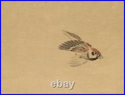 HANGING SCROLL JAPANESE PAINTING JAPAN Sparrow Mushroom Old Art Antique d805