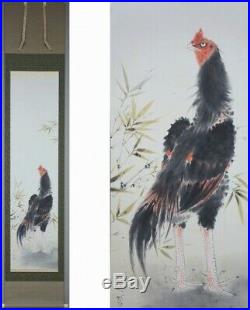 HANGING SCROLL JAPANESE PAINTING ORIGINAL Cock BIRD Fight ANTIQUE PICTURE 007k