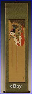 HANGING SCROLL ORIGINAL JAPANESE PAINTING JAPAN BEAUTY WOMAN LADY Umbrella 518h
