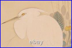 HERON EGRET JAPANESE PAINTING Lotus HANGING SCROLL ANTIQUE From Japan Old d793