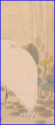 HERON EGRET JAPANESE PAINTING Lotus HANGING SCROLL ANTIQUE From Japan Old d793