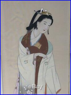 HUGE Antique Vintage JAPANESE GEISHA GIRL WATERCOLOR ON SILK PAINTING SIGNED